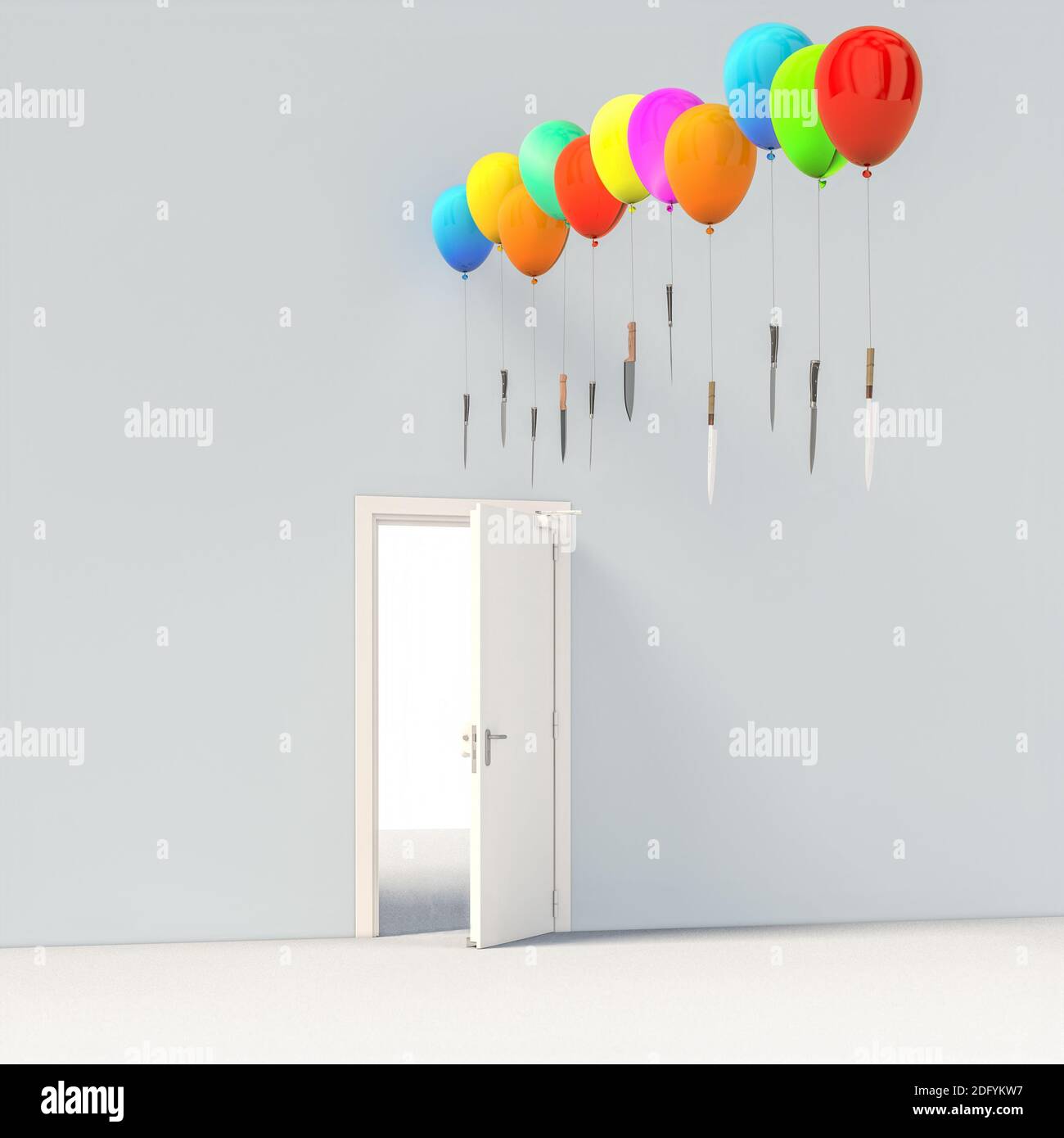 palloncini colorati che tengono coltelli affilati sopra una porta aperta. concetto di pericolo. rendering 3d. Foto Stock