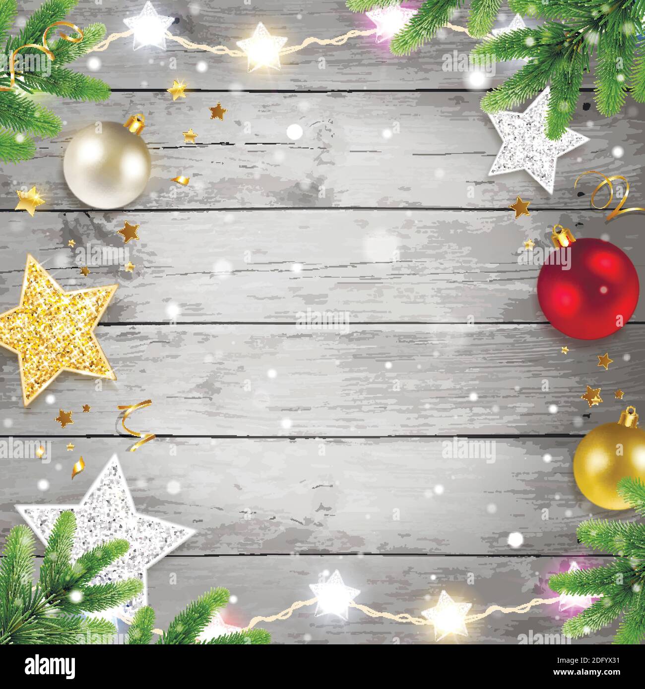 Sfondo natalizio con decorazioni natalizie e rami dell'albero di Natale Illustrazione Vettoriale