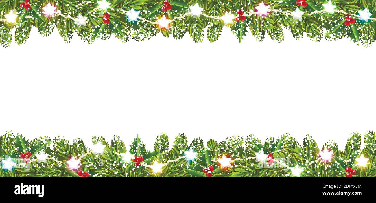 Banner di saluto con ghirlanda di Natale su sfondo bianco Illustrazione Vettoriale