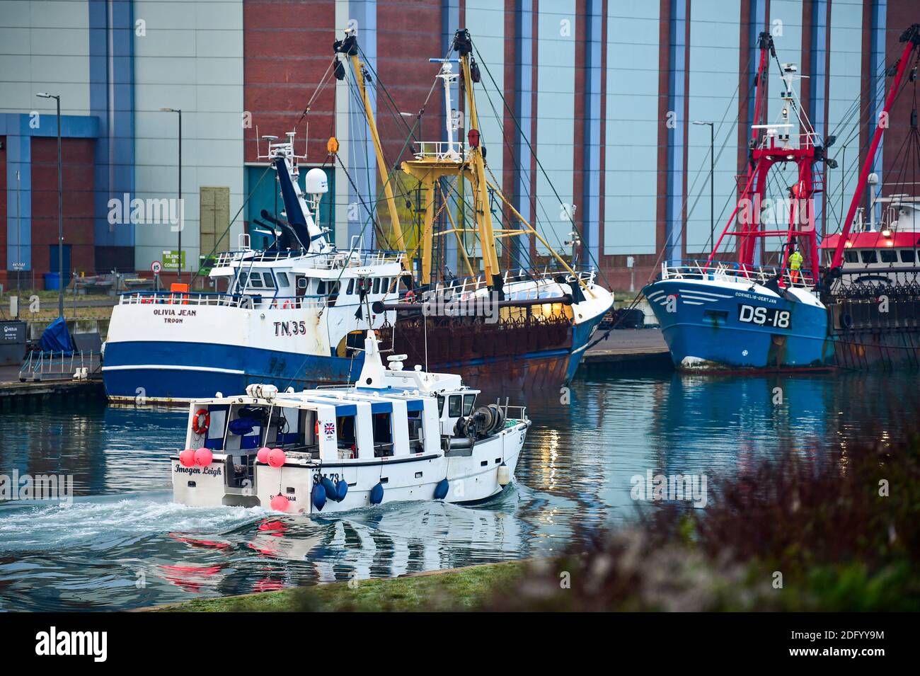 Brighton UK 7 dicembre 2020 - i pescherecci a strascico scaloppiano ormeggiati oggi al porto di Shoreham, vicino a Brighton, mentre i colloqui sulla Brexit proseguono tra il governo britannico e l'UE, con i diritti di pesca che sono uno dei principali ostacoli ad un accordo: Credit Simon Dack / Alamy Live News Foto Stock