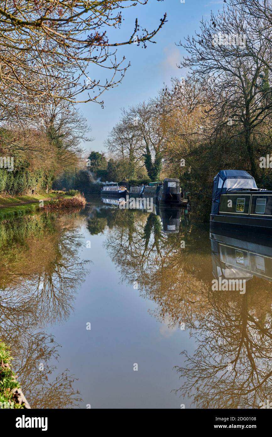 Le barche del canale ormeggiate, la mattina presto in autunno sul canale di Ashby, Hinckley, Leicestershire, East Midlands, Regno Unito Foto Stock