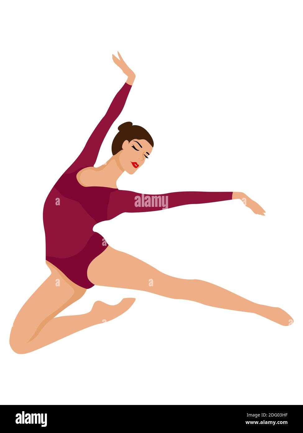 Elegante ballerina in magenta scuro long sleeve leotard in un salto, disegno a mano vettore, isolato su sfondo bianco Illustrazione Vettoriale