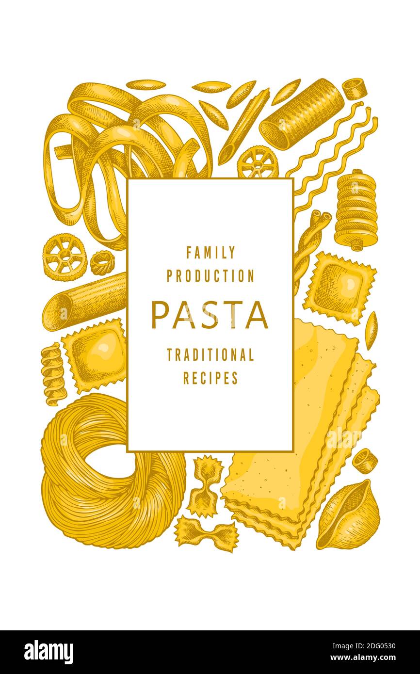 Modello italiano per la pasta. Illustrazione del cibo vettoriale disegnata a mano. Pasta vintage di diversi tipi di sfondo. Illustrazione Vettoriale