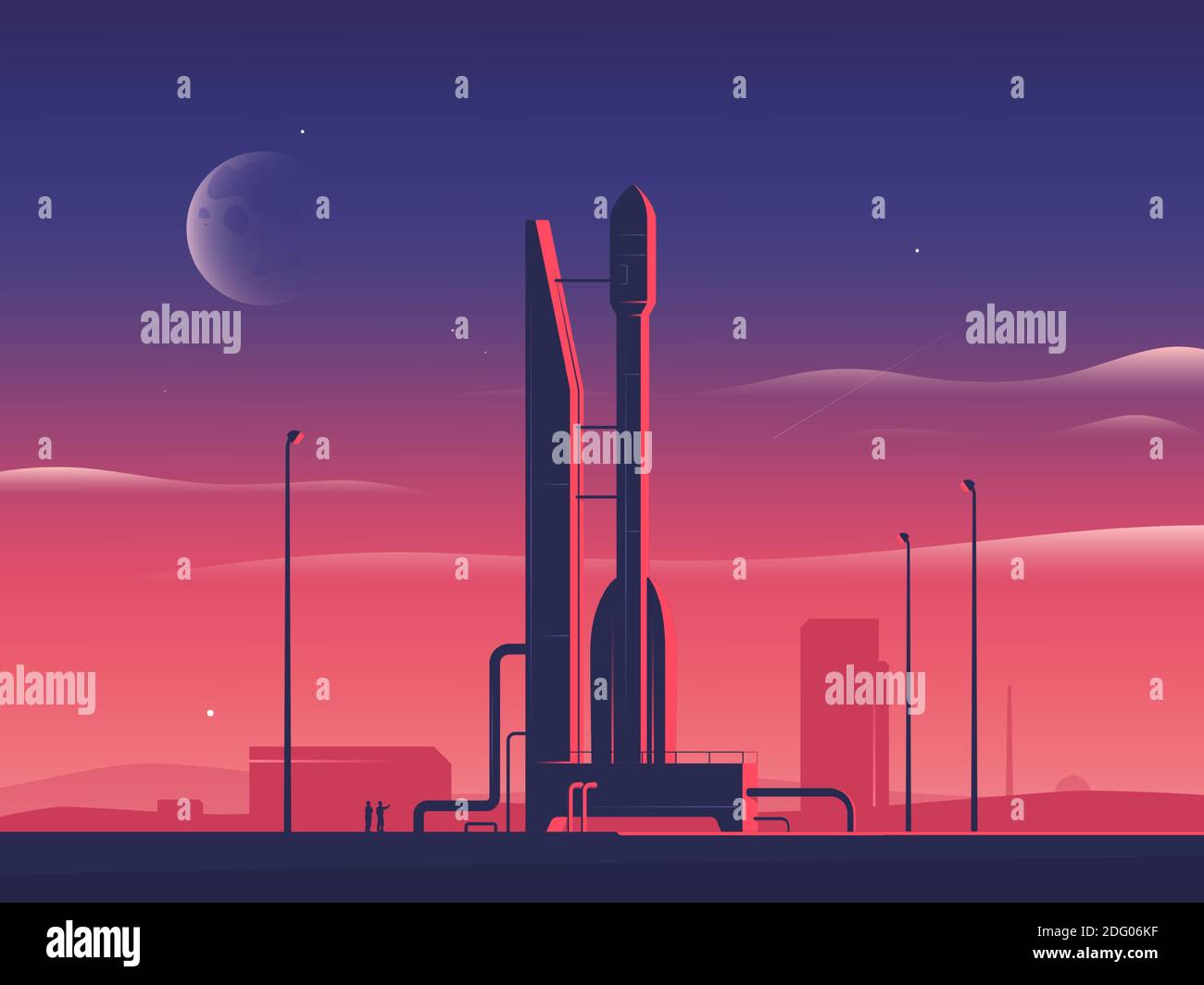 Illustrazione vettoriale di una navicella spaziale a razzo al tramonto che si prepara per avviare Illustrazione Vettoriale