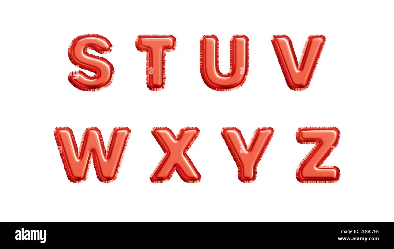 Realistico oro rosso palloncini metallizzati in lamina alfabeto isolato su sfondo bianco. S T U V W X Y Z lettere dell'alfabeto. Illustrazione vettoriale Illustrazione Vettoriale