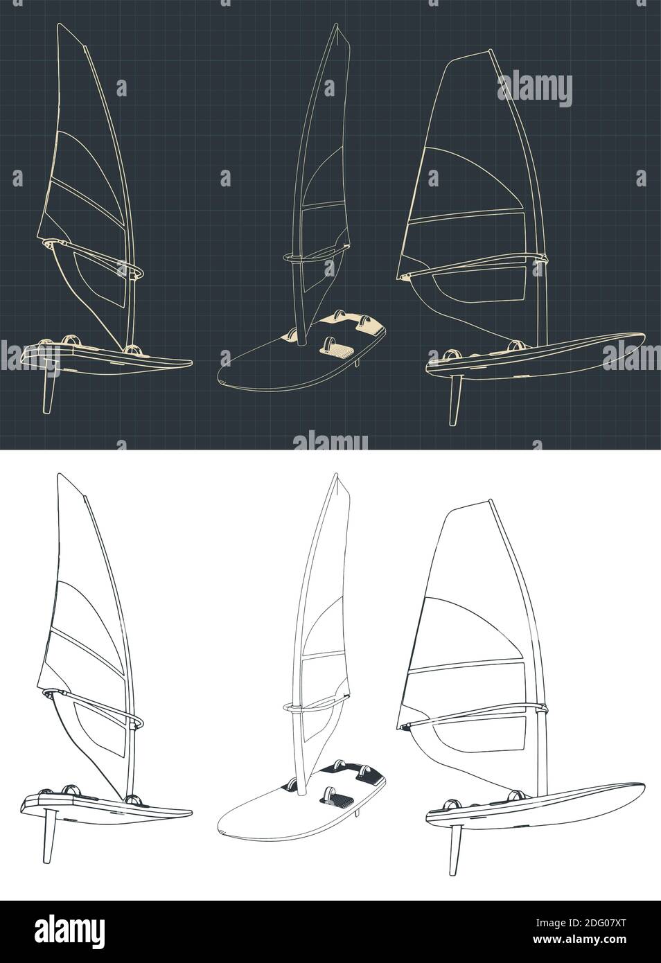 Illustrazione vettoriale stilizzata sul tema del windsurf. Disegni di windsurf Illustrazione Vettoriale