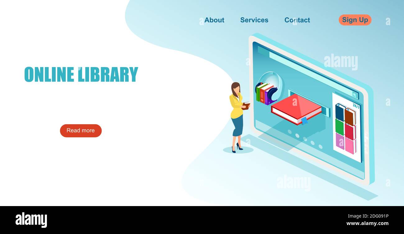 Concetto di libreria online. Vettore di una donna che usa libri online sul suo telefono o tablet. Illustrazione Vettoriale