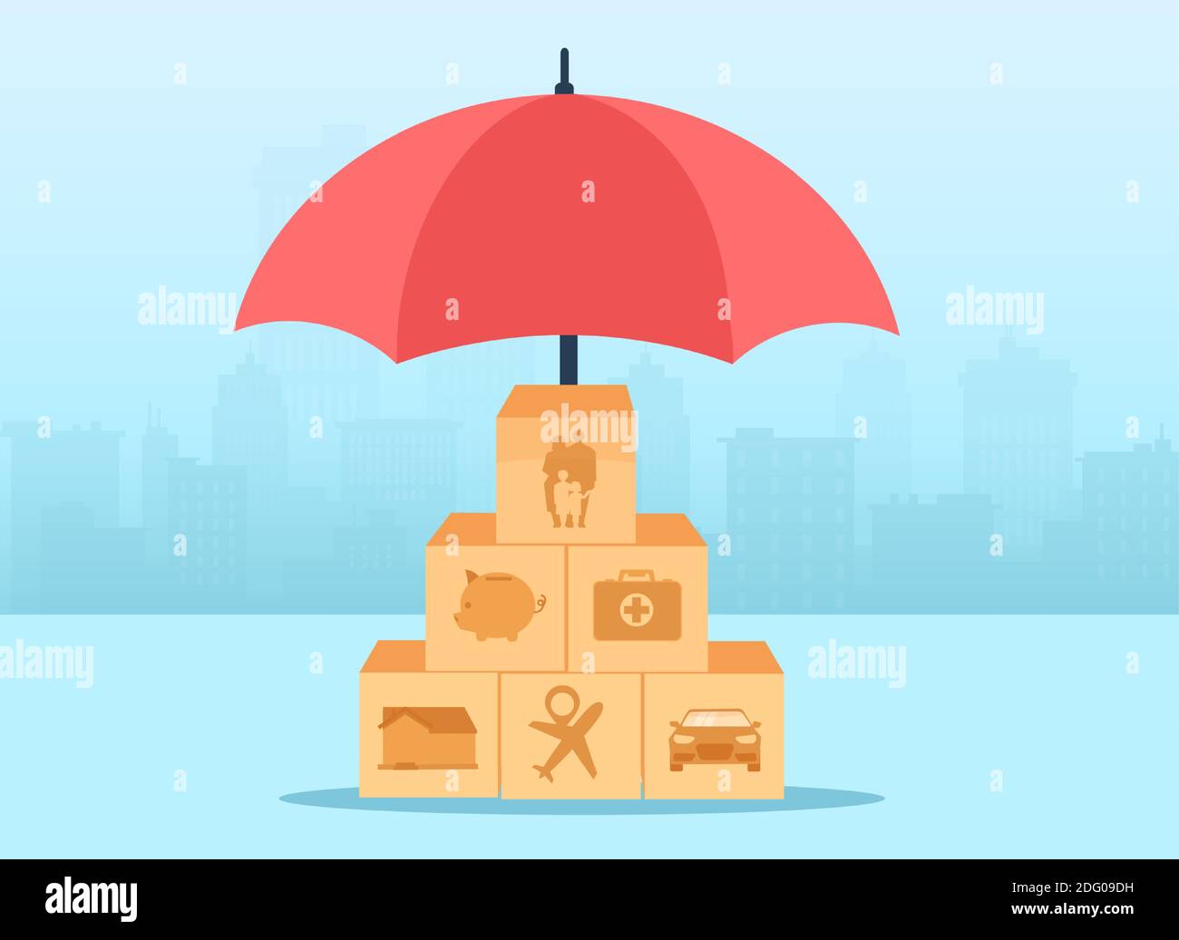 Auto, casa, viaggi, finanze, salute, famiglia e vita concetto di assicurazione Illustrazione Vettoriale