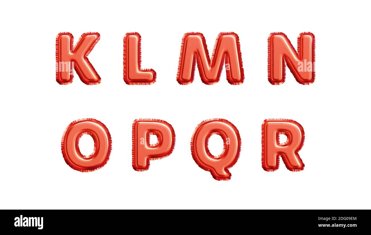 Realistico oro rosso palloncini metallizzati in lamina alfabeto isolato su sfondo bianco. K L M N o P Q R lettere dell'alfabeto. Illustrazione vettoriale Illustrazione Vettoriale