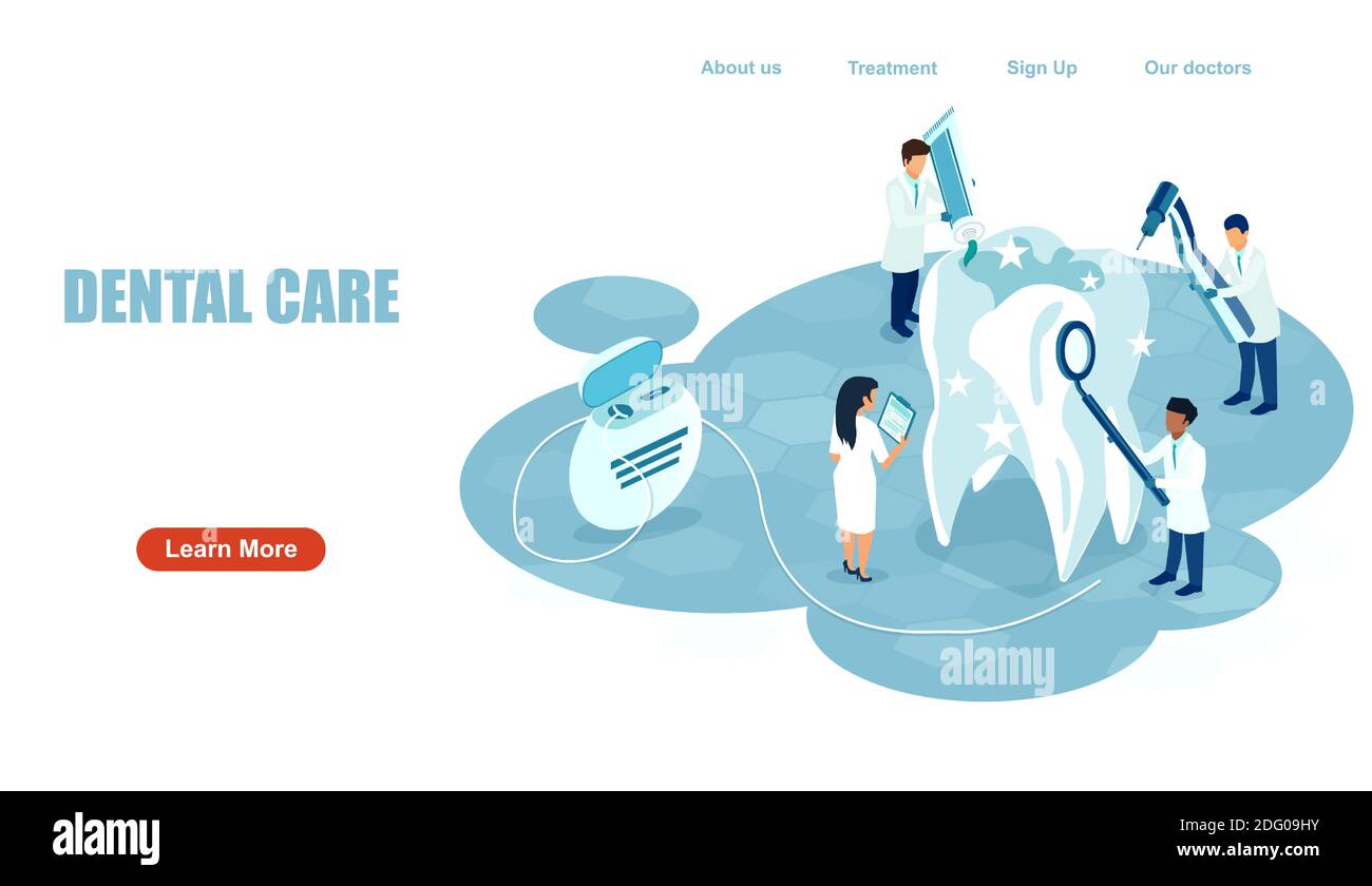 Concetto di cura dentale. Vettore di un gruppo di dentisti che pulisce, controllando un dente Illustrazione Vettoriale