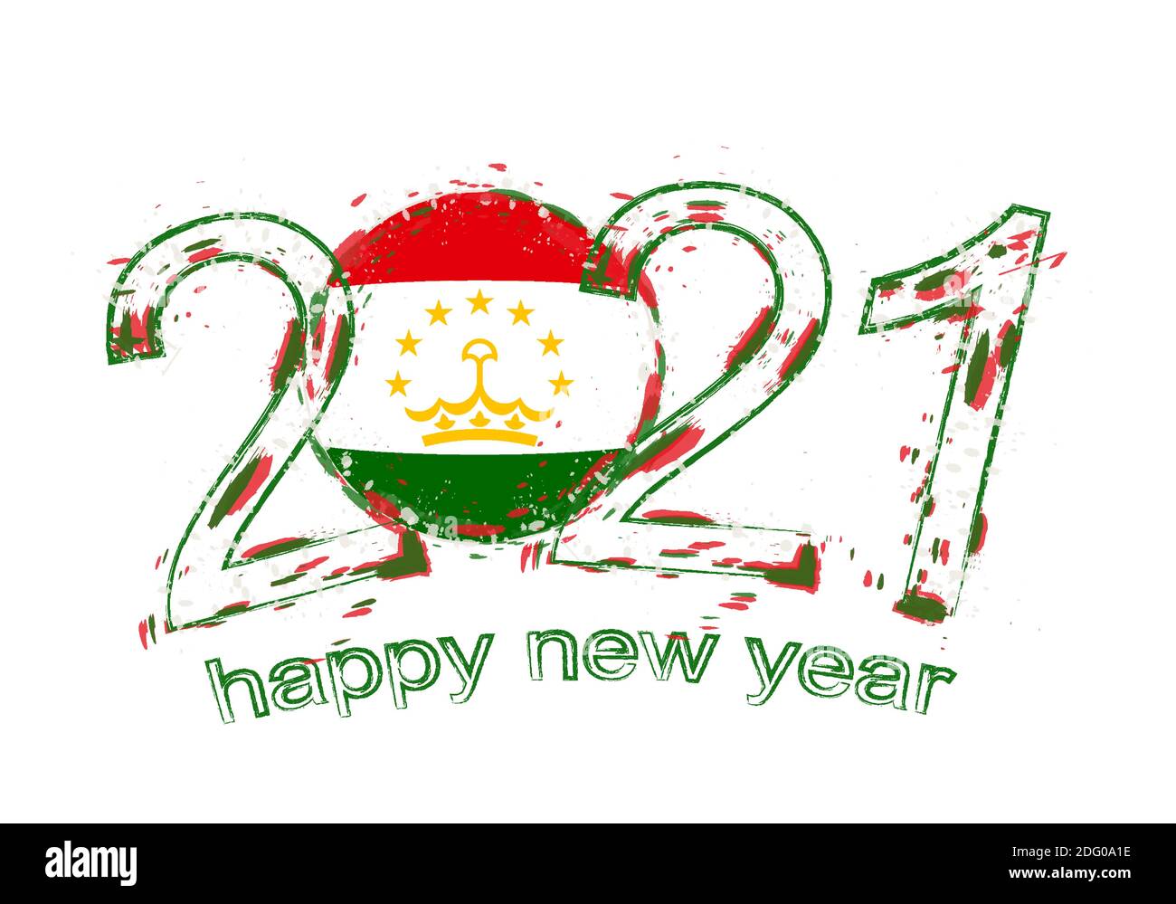 Felice anno nuovo 2021 con bandiera del Tagikistan. Illustrazione del vettore di grunge per le festività. Illustrazione Vettoriale