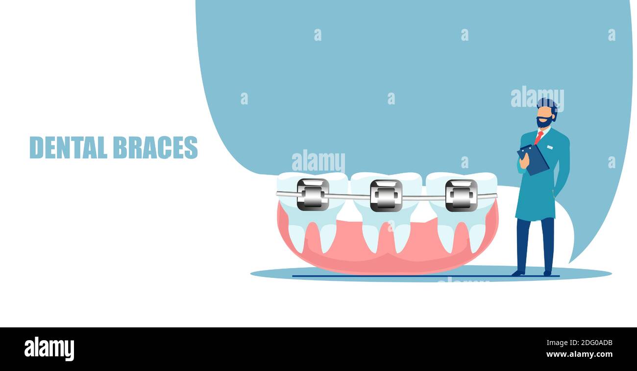 Concetto di procedure ortodontiche cosmetiche. Vettore di un dentista in piedi vicino ai denti con bretelle dentali Illustrazione Vettoriale