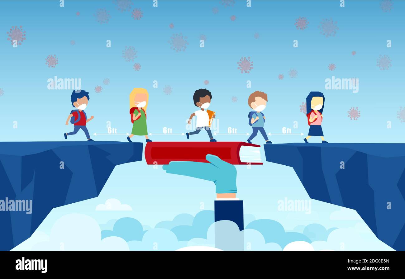 Vettore di una mano insegnante in guanto che tiene un libro colmare il divario nell’istruzione primaria per i bambini che indossano il viso maschera che passa durante il coronavirus pa Illustrazione Vettoriale