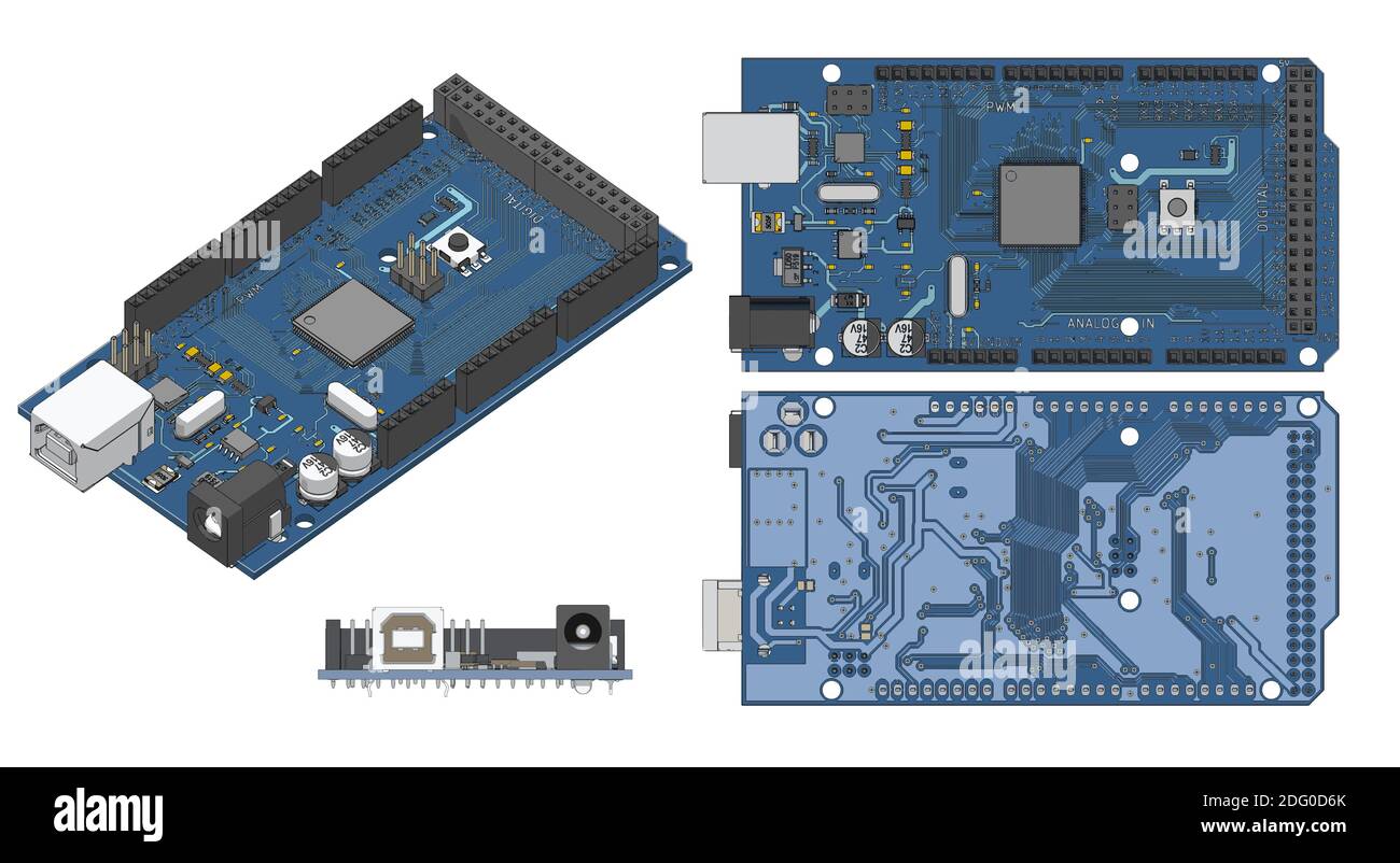 Illustrazione vettoriale di disegni a colori di un microcontrollore Arduino Mega Illustrazione Vettoriale