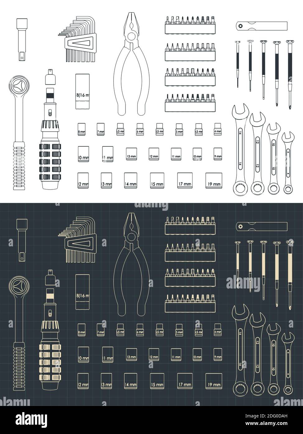 Illustrazione vettoriale stilizzata dei disegni del kit di strumenti principale Illustrazione Vettoriale