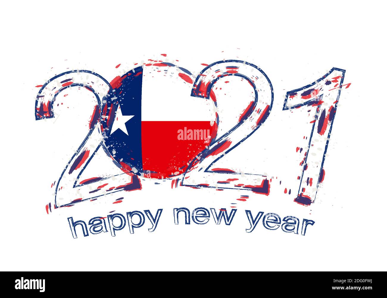 Felice anno nuovo 2021 con bandiera del Texas. Illustrazione del vettore di grunge per le festività. Illustrazione Vettoriale