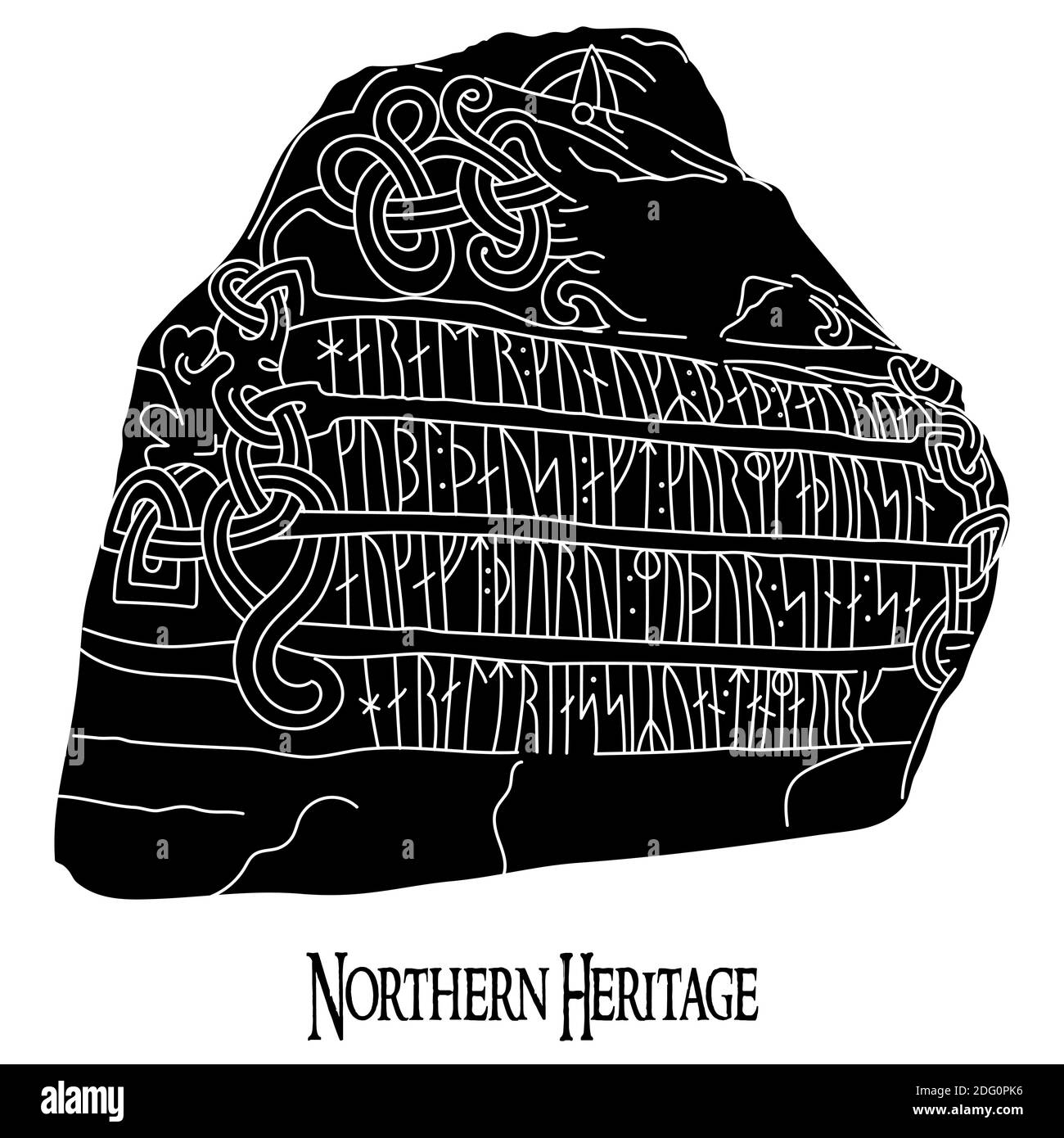 Antica pietra runica con motivo scandinavo inciso e rune Illustrazione Vettoriale