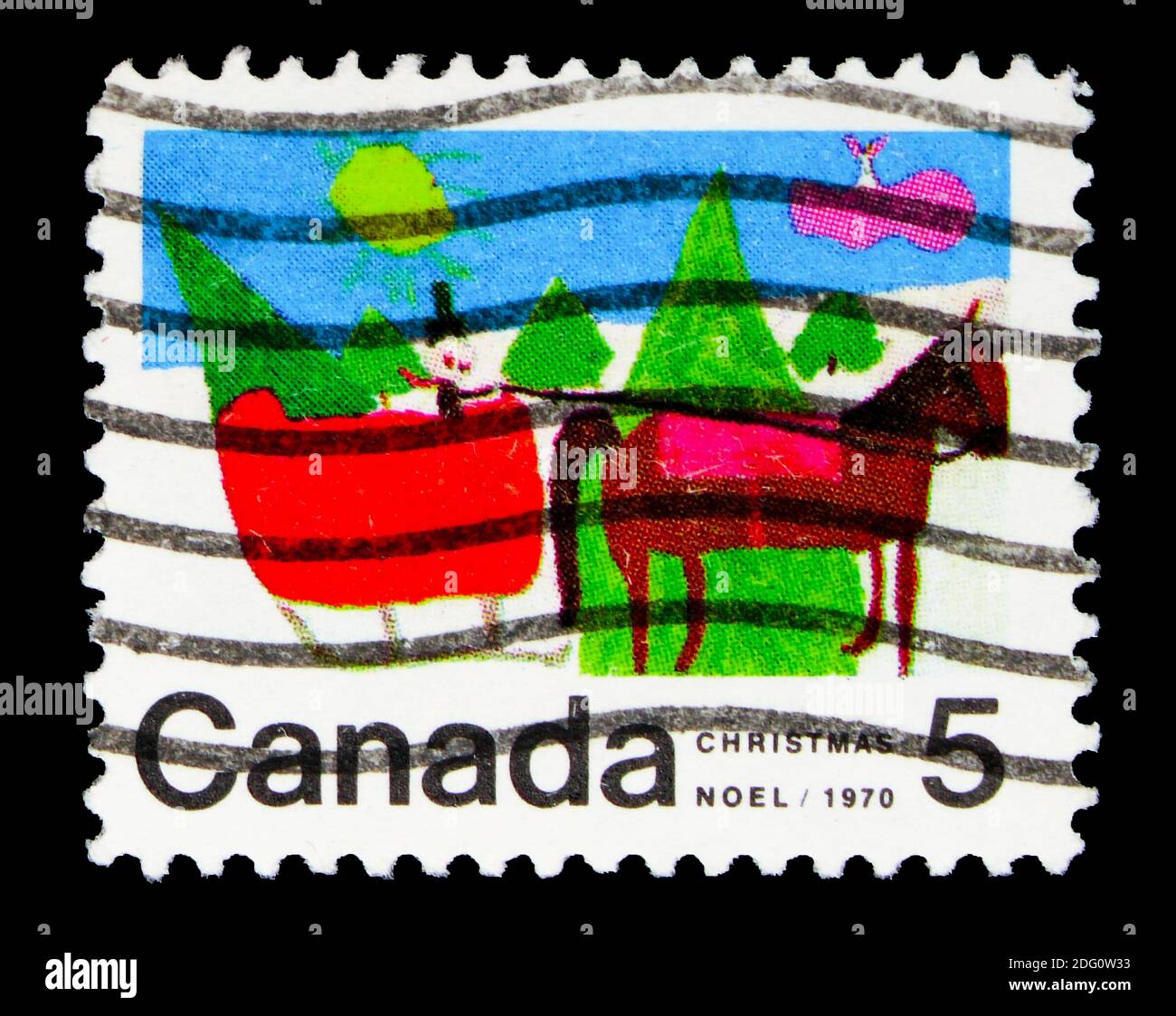 MOSCA, RUSSIA - 16 MAGGIO 2018: Un francobollo stampato in Canada mostra Horse-Drawn Sleigh (D. Niskala), serie natalizia, circa 1970 Foto Stock