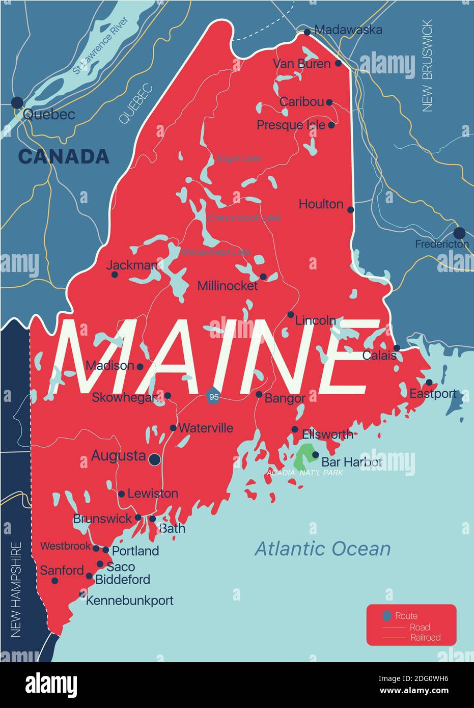 Maine stato dettagliato mappa modificabile con città e città, siti geografici, strade, ferrovie, interstatali e autostrade degli Stati Uniti. File vettoriale EPS-10, trend Illustrazione Vettoriale