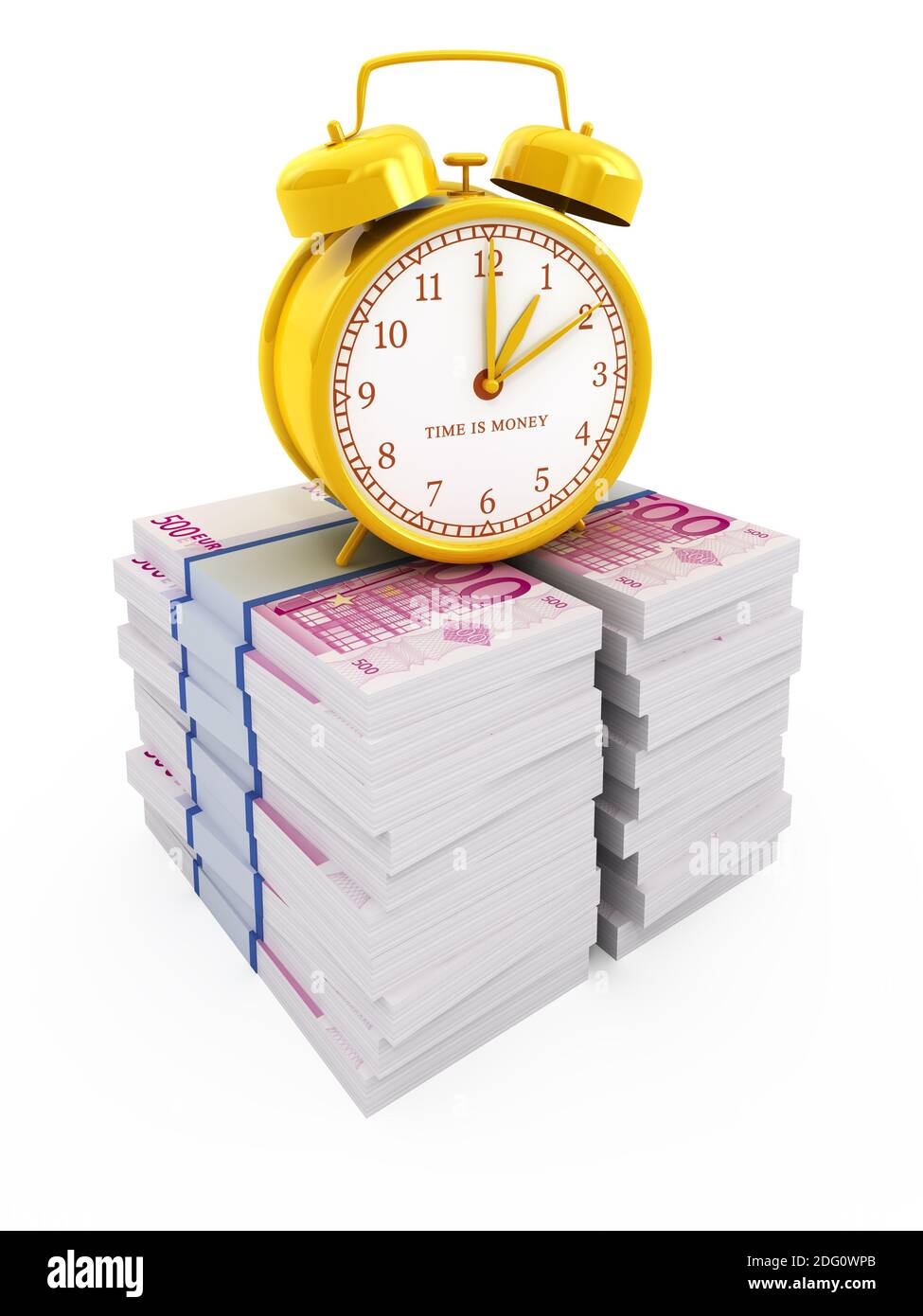 Il concetto di tempo è denaro isolato su bianco. Sveglia su pile di euro Foto Stock