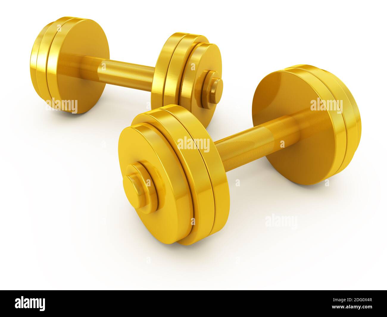 Golden fitness attrezzatura ginnica manubri peso isolato su bianco Foto Stock