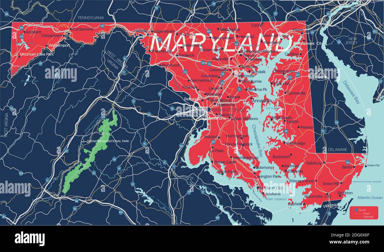 Stato del Maryland Mappa dettagliata modificabile con città e città, siti geografici, strade, ferrovie, interstatali e autostrade degli Stati Uniti. File vettoriale EPS-10, tren Illustrazione Vettoriale