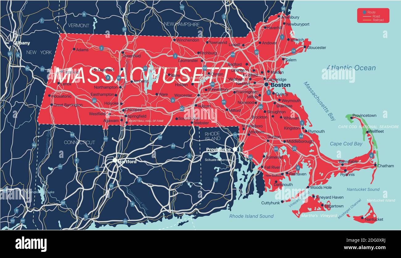 Stato del Massachusetts Mappa modificabile dettagliata con città e città, siti geografici, strade, ferrovie, interstatali e autostrade degli Stati Uniti. File vettoriale EPS-10, Illustrazione Vettoriale