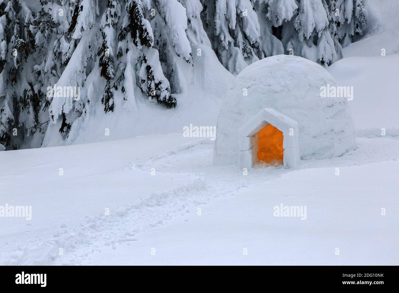 L'ampio sentiero conduce all'igloo innevato. Paesaggi invernali di montagna. Casa con luce. Location Place the Carpazi Mountains, Ucraina, Europa. Foto Stock