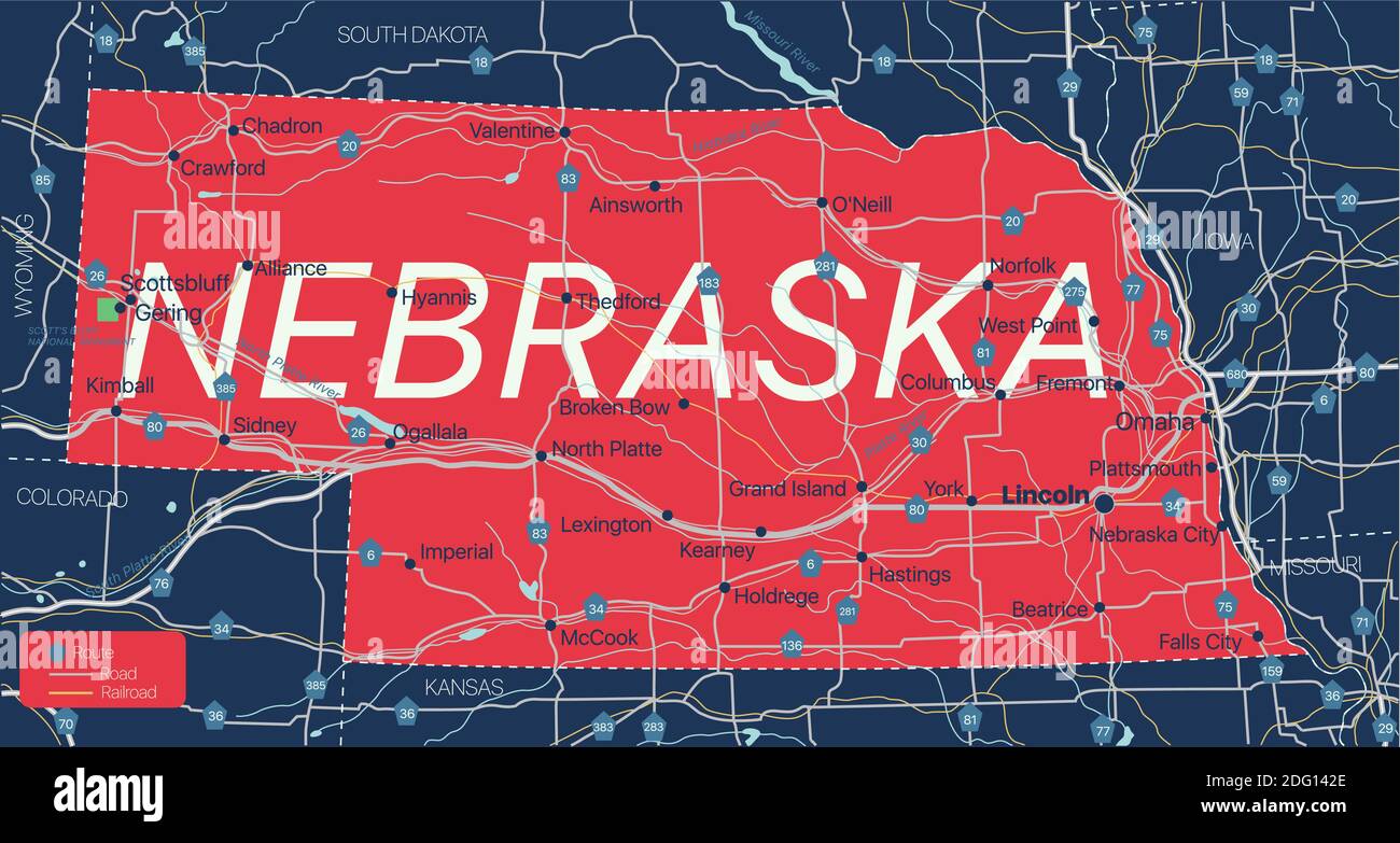Stato del Nebraska Mappa dettagliata modificabile con città e città, siti geografici, strade, ferrovie, interstatali e autostrade degli Stati Uniti. File vettoriale EPS-10, tren Illustrazione Vettoriale