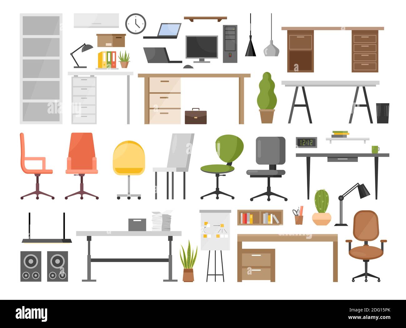 Cartoon oggetti d'arredo ergonomici per interni moderni con sedia e tavolo manager con laptop, lampada a sospensione, libreria isolata Illustrazione Vettoriale