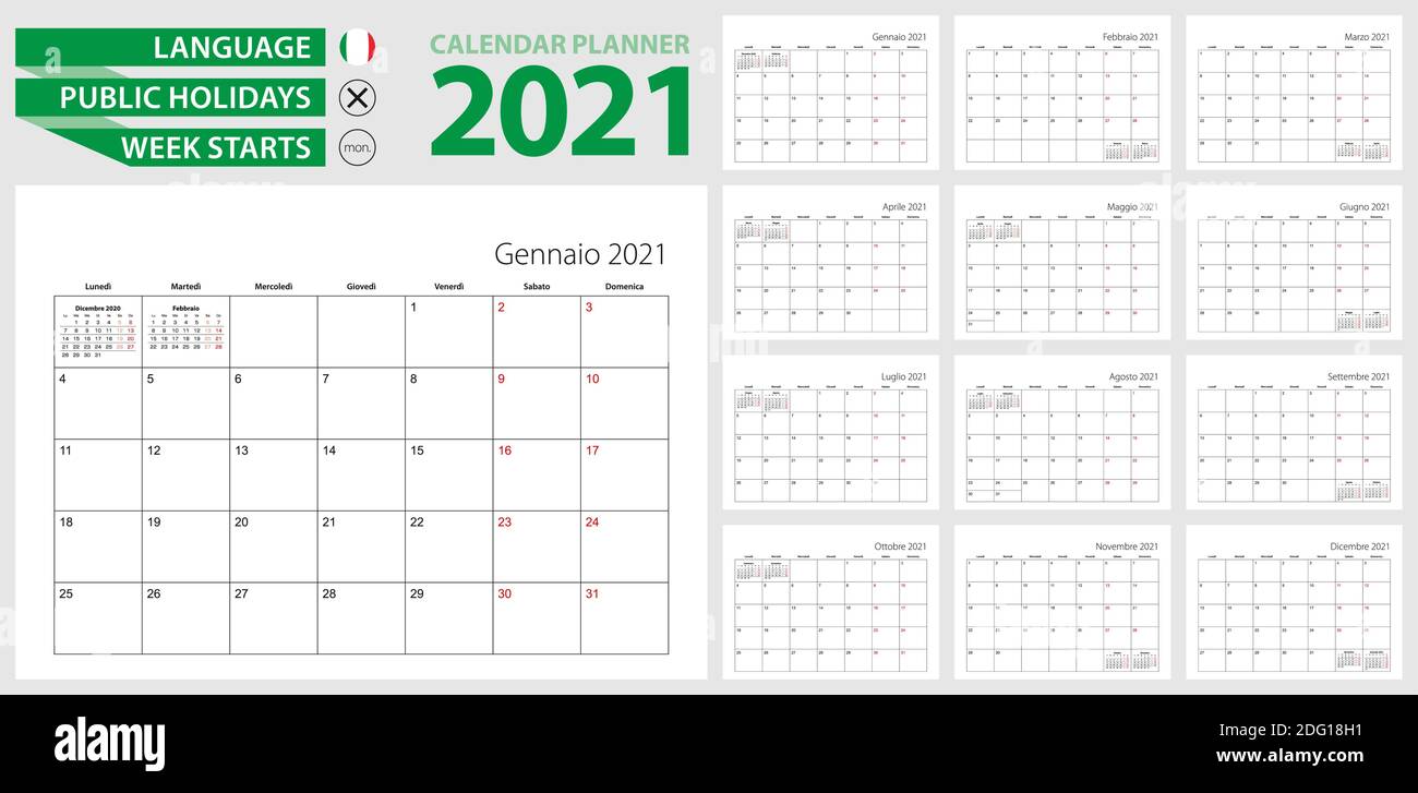 Pianificatore calendario italiano per il 2021. Lingua italiana, la settimana inizia dal lunedì. Modello di calendario vettoriale per Italia, Svizzera, San Marino e altri. Illustrazione Vettoriale