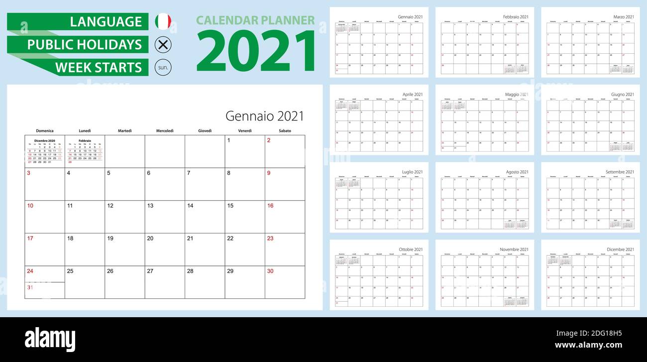 Pianificatore calendario italiano per il 2021. Lingua italiana, la settimana inizia dalla domenica. Modello vettore. Illustrazione Vettoriale
