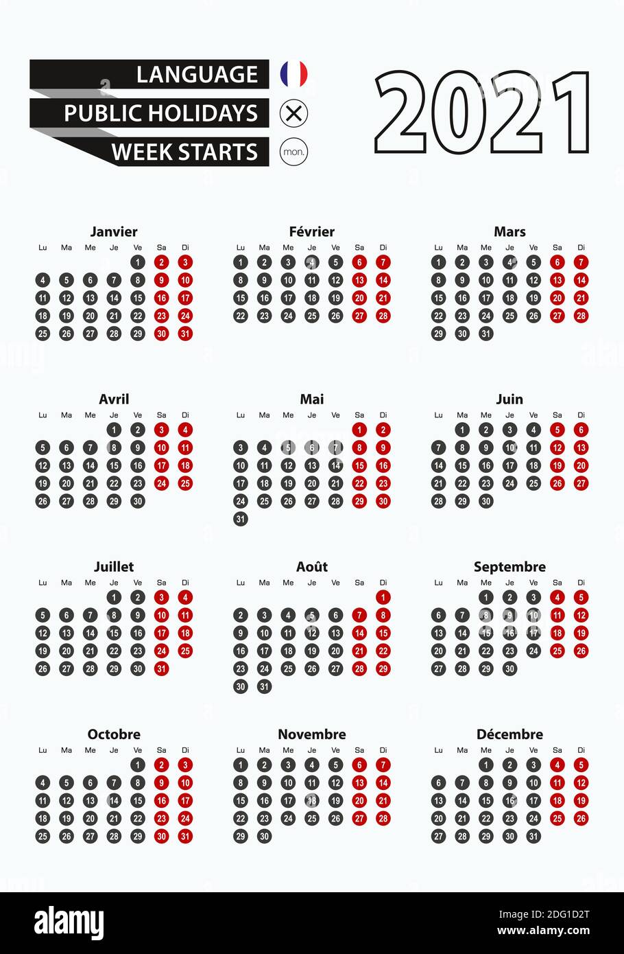 Calendario modello vettoriale 2021 con numero in cerchi, semplice calendario francese illustrazione vettoriale. Illustrazione Vettoriale