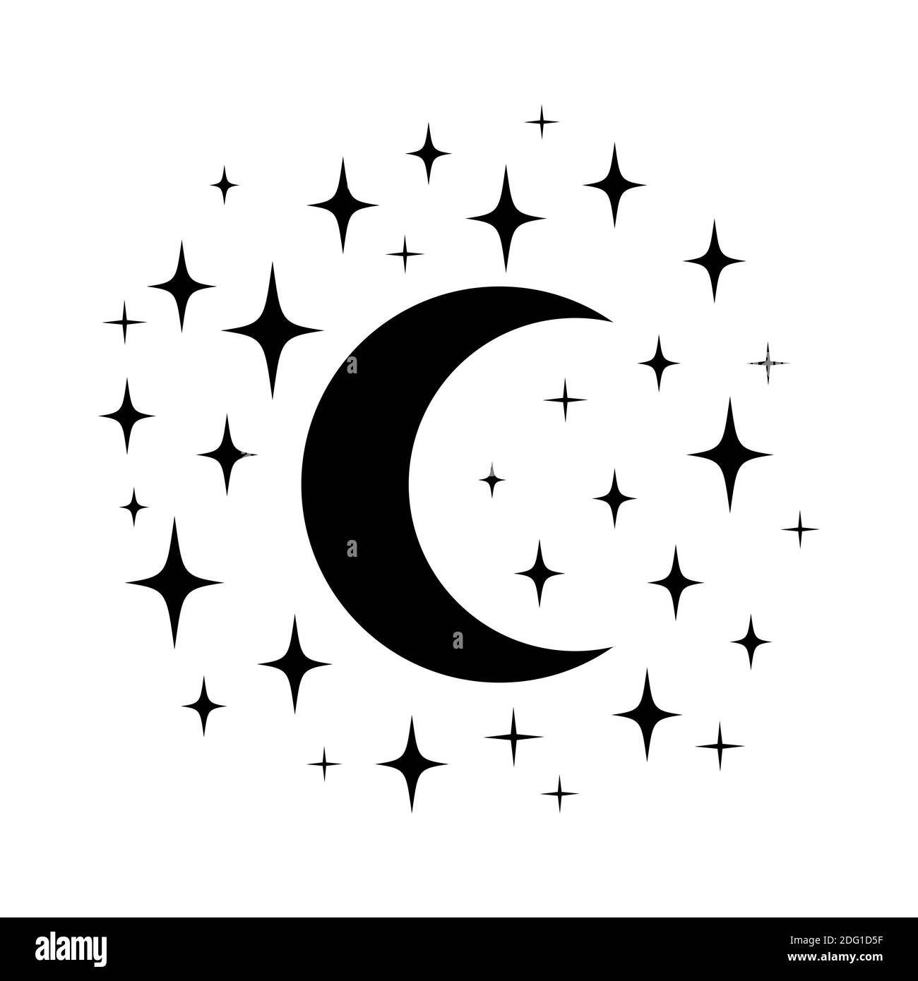 Stelle vettoriali nere e insieme luna. Minima scintille isolate su bianco. Illustrazione vettoriale Illustrazione Vettoriale