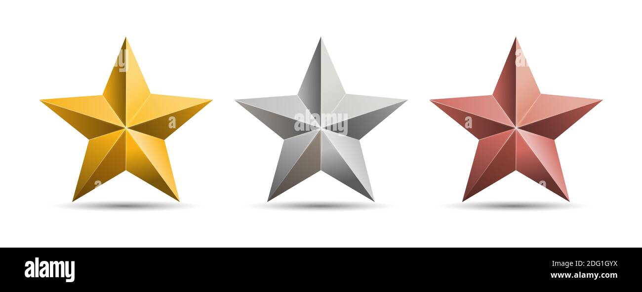 Oro argento bronzo 3D stelle metallo isolato su sfondo bianco. Illustrazione Foto Stock