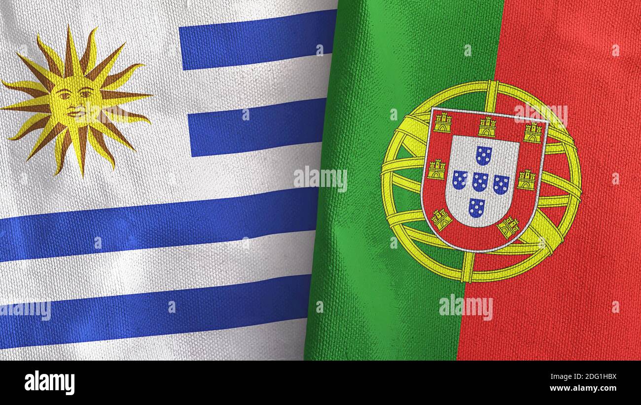 Portogallo e Uruguay due bandiere tessuto tessuto rendering 3D Foto Stock