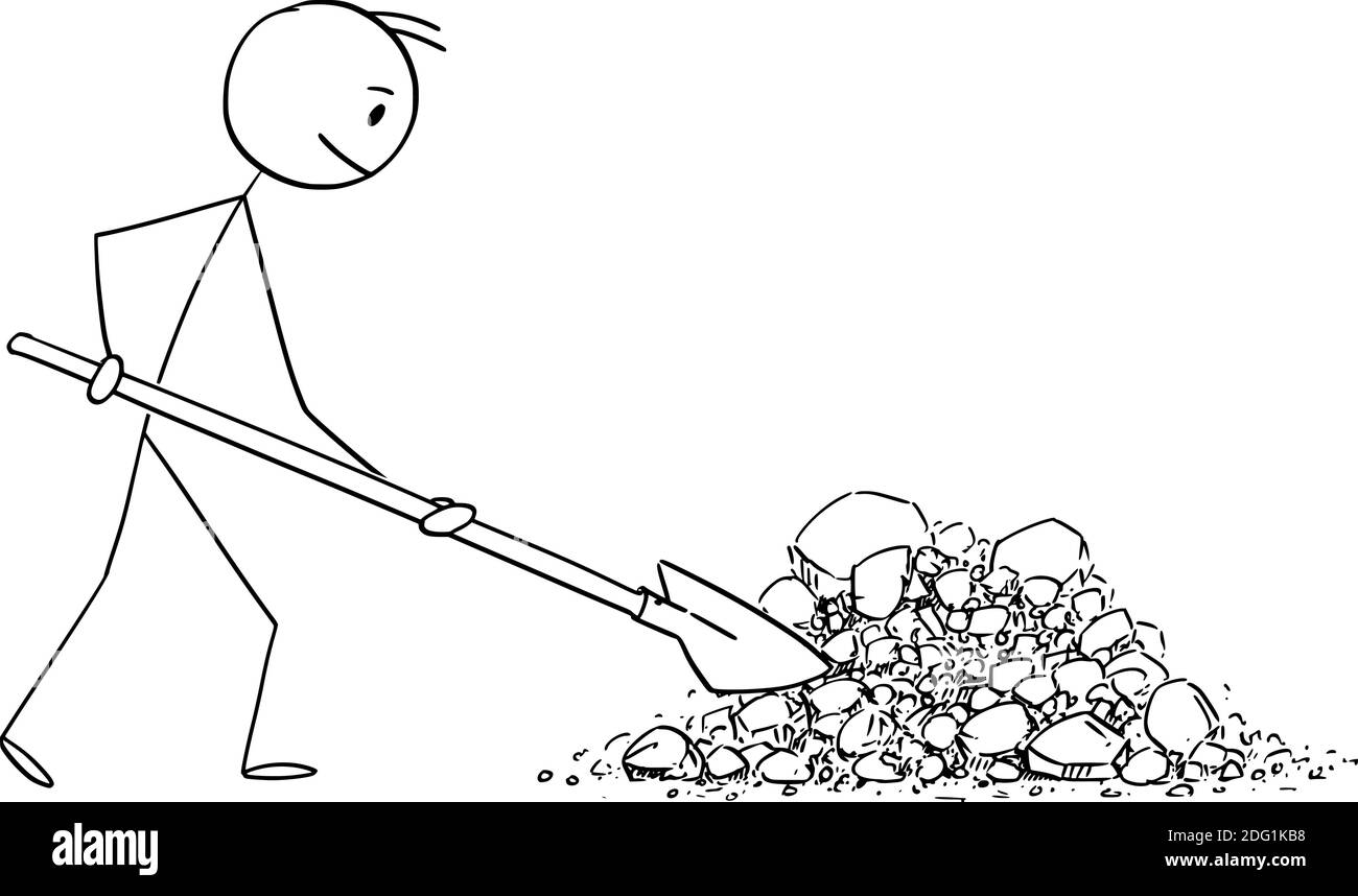 Figura del cartoon vettoriale di figura del bastone di costruzione o di uomo che lavora con la pala su pila di pietre o rocce. Illustrazione Vettoriale