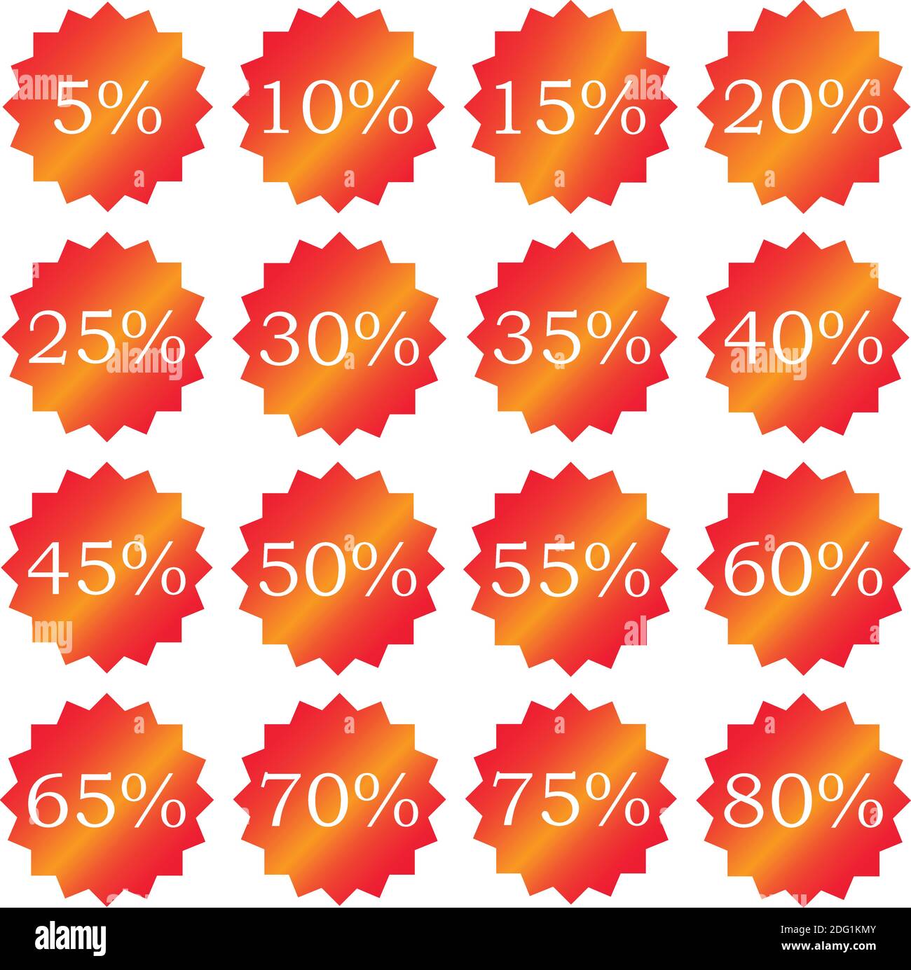 Icone di sconto per la vendita. Cartelli prezzi per le offerte speciali. 5, 10, 15, 20, 25, 30, 35, 40, 45, 50, 55, 60, 65, 70, 75 e 80% di sconto sui simboli di riduzione. Rosa c Illustrazione Vettoriale