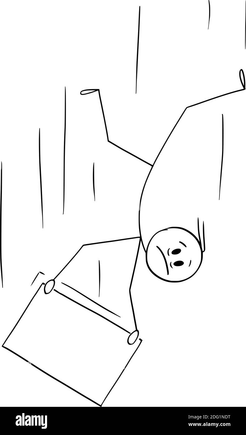 Immagine del cartoon vettoriale dell'uomo o dell'uomo d'affari che cade e tiene il segno vuoto per aggiungere il vostro testo. Concetto di fallimento, crisi e recessione. Illustrazione Vettoriale