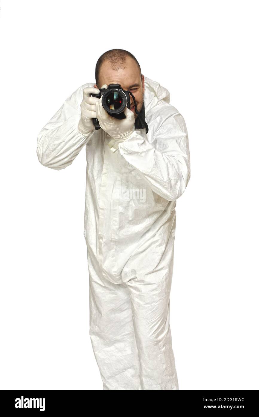 Scienziato di polizia con macchina fotografica Foto Stock