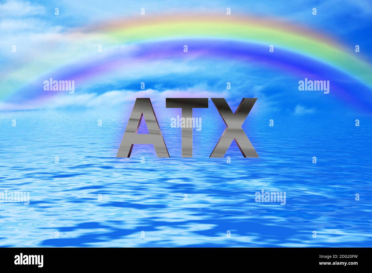 Ozean und Himmel mit Regenbogen ATX Schriftzug, Copy Space Foto Stock