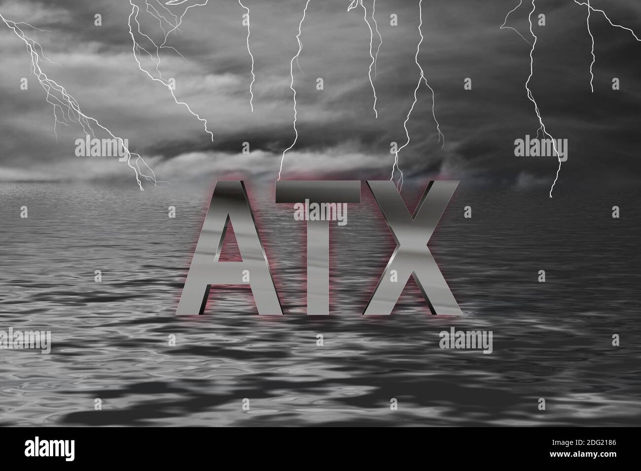 Börse Ozean Gewitter mit Blitzen und Schriftzug ATX in Chrom Foto Stock