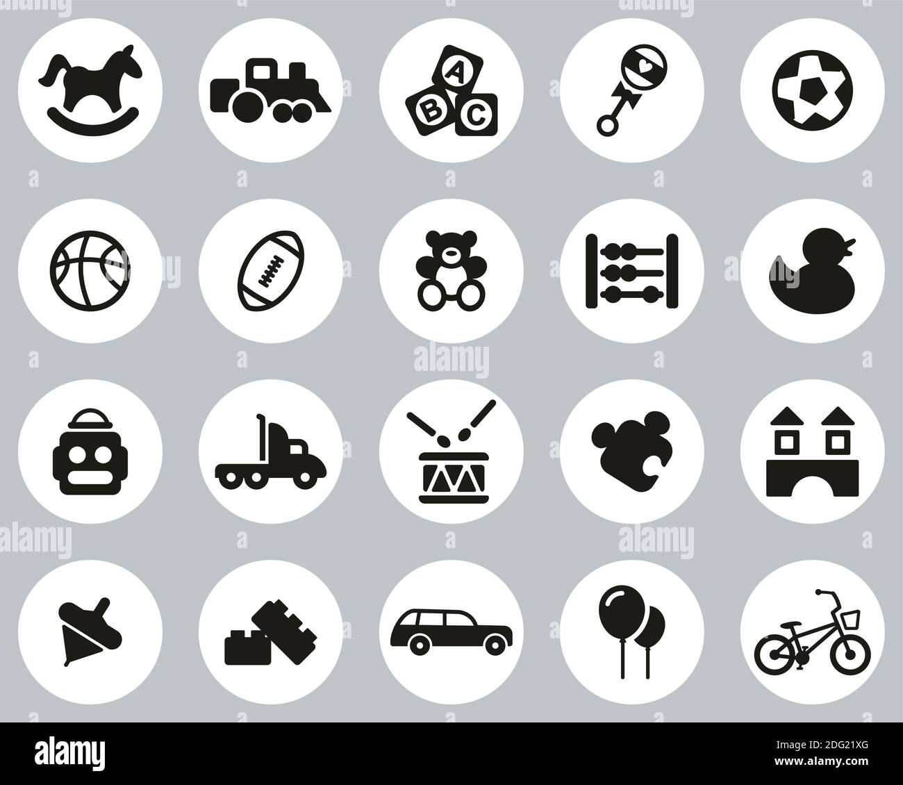 Giocattoli icone Nero e Bianco Flat Design cerchio Set Grande Illustrazione Vettoriale