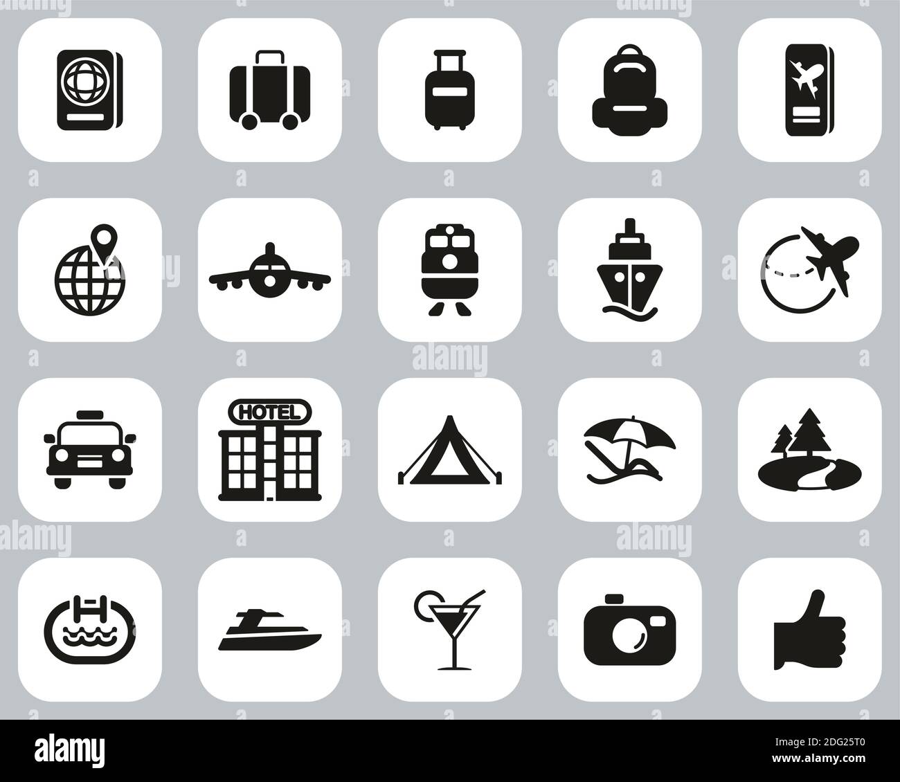 Icone di viaggio o vacanza Set di design piatto in bianco e nero Grande Illustrazione Vettoriale