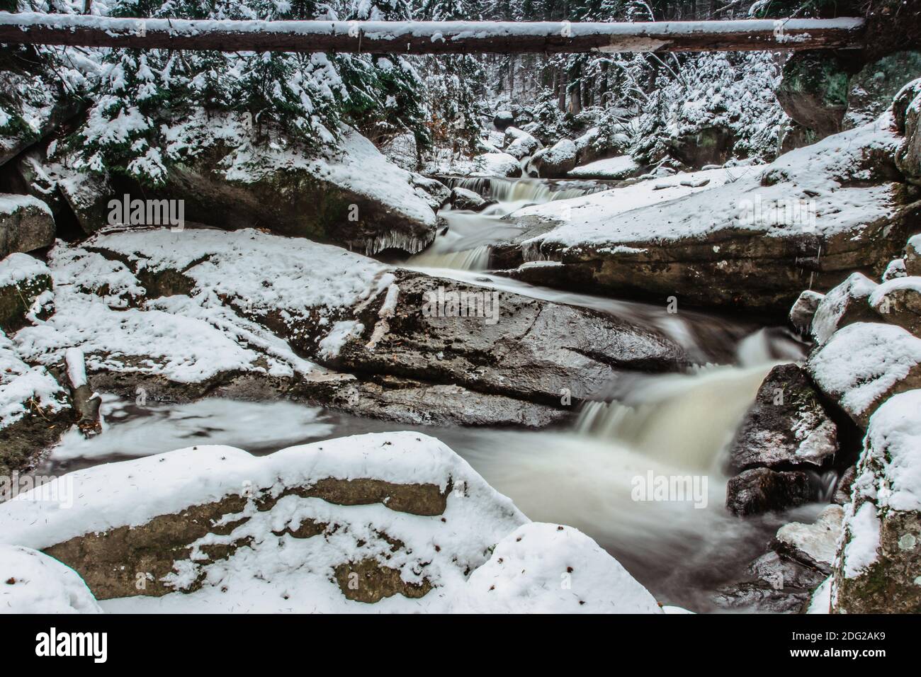 Il gruppo di cascate e cascate sul fiume Cerna Desna, vicino al lago artificiale di Sous, montagne di Jizera, Repubblica Ceca.Long esposizione Water.Fresh Foto Stock