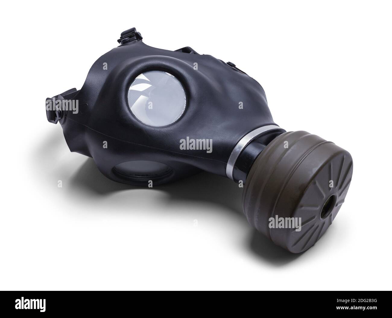 Maschera per gas in gomma con filtro a carboni attivi in bianco. Foto Stock