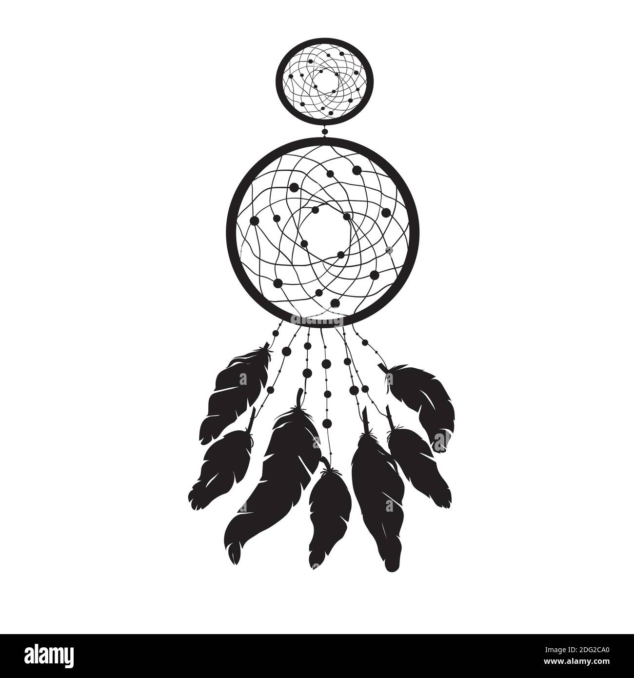 La silhouette del Dreamcatcher è decorata con piume e perline. Illustrazione vettoriale disegnata a mano. Illustrazione Vettoriale