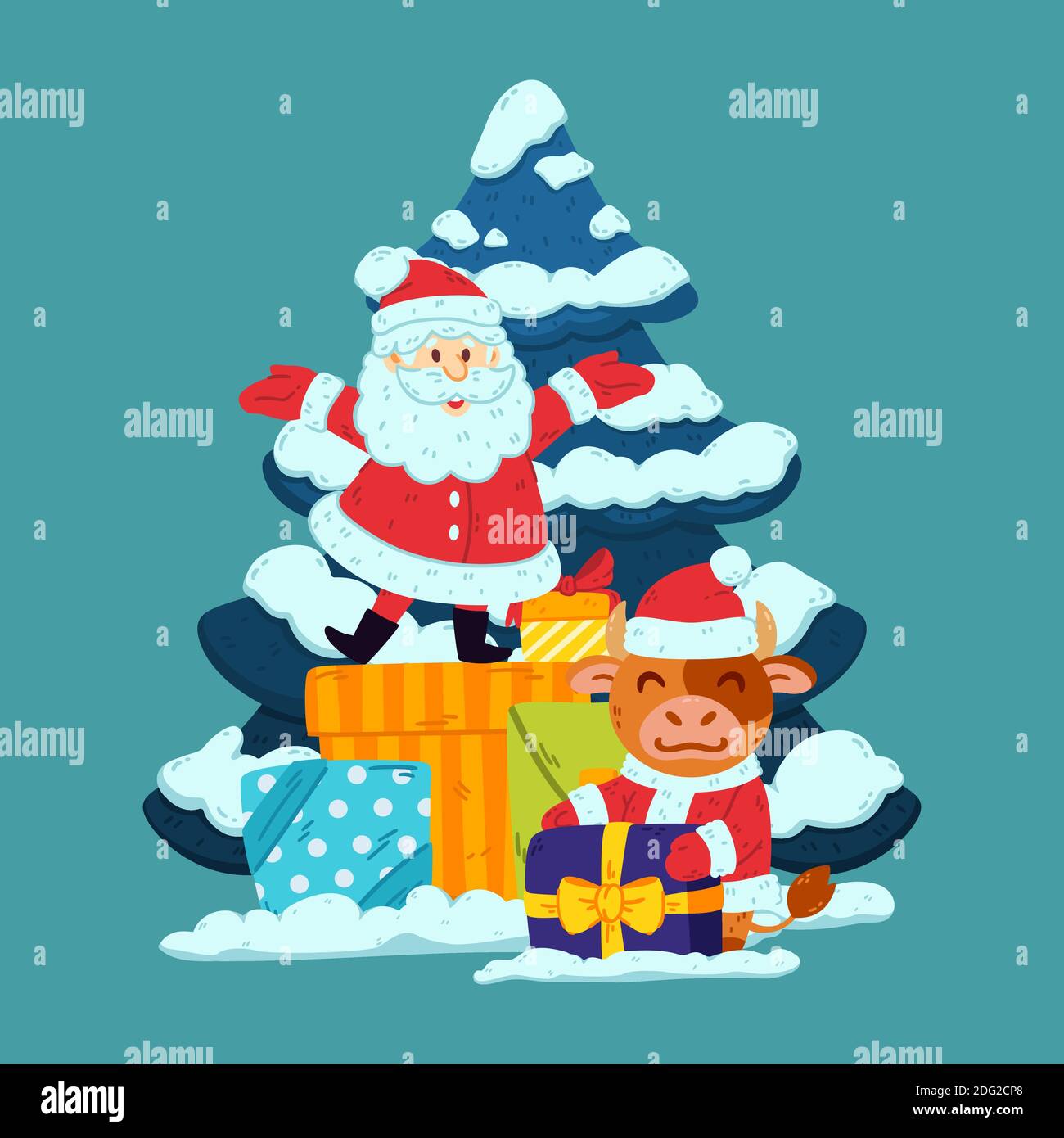 Carino toro e Babbo Natale con regali e albero. Bue simbolo del Capodanno cinese 2021. Buon Natale e felice anno nuovo poster del biglietto d'auguri d Illustrazione Vettoriale