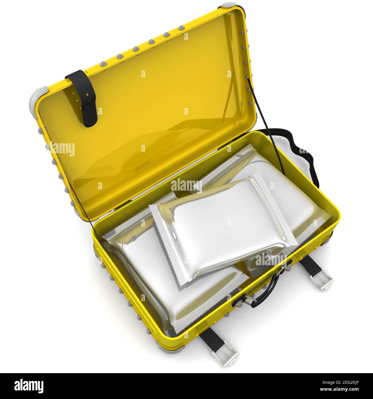 Valigia con pacchetti di farmaci. Lotti di confezioni sigillate da una pellicola polimerica con farmaci in valigia aperta gialla. Illustrazione 3D Foto Stock