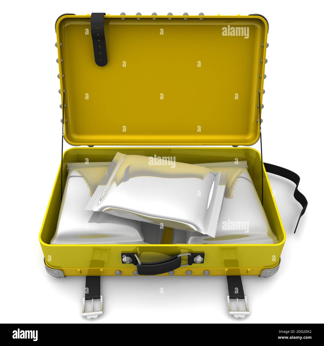 Valigia con pacchetti di farmaci. Lotti di confezioni sigillate da una pellicola  polimerica con farmaci in valigia aperta gialla. Illustrazione 3D Foto  stock - Alamy